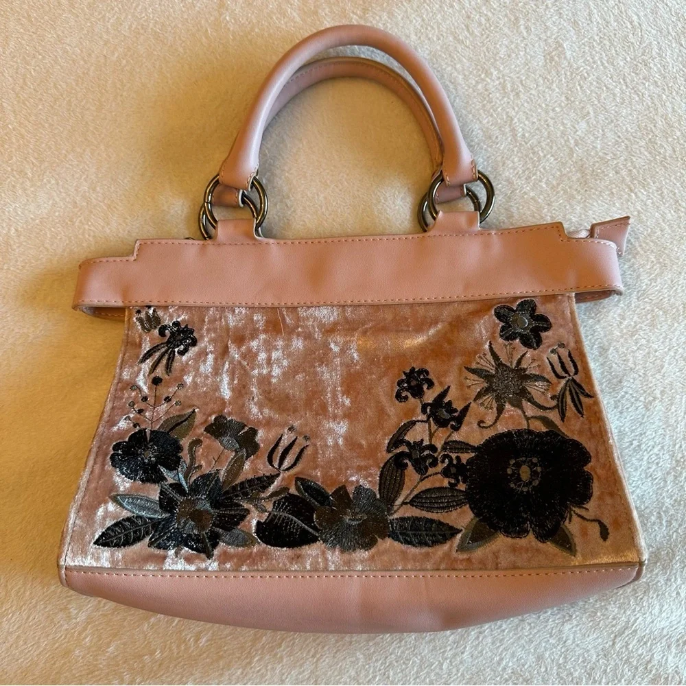 Chic Floral Embroidered Velour Satchel in Pink